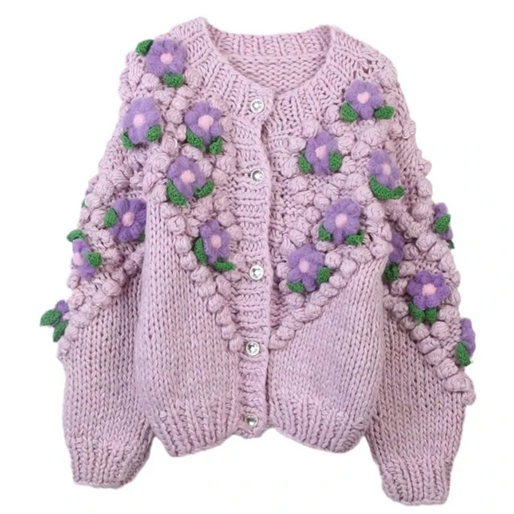 Chunky knit crochet floral jewel button cardigan M